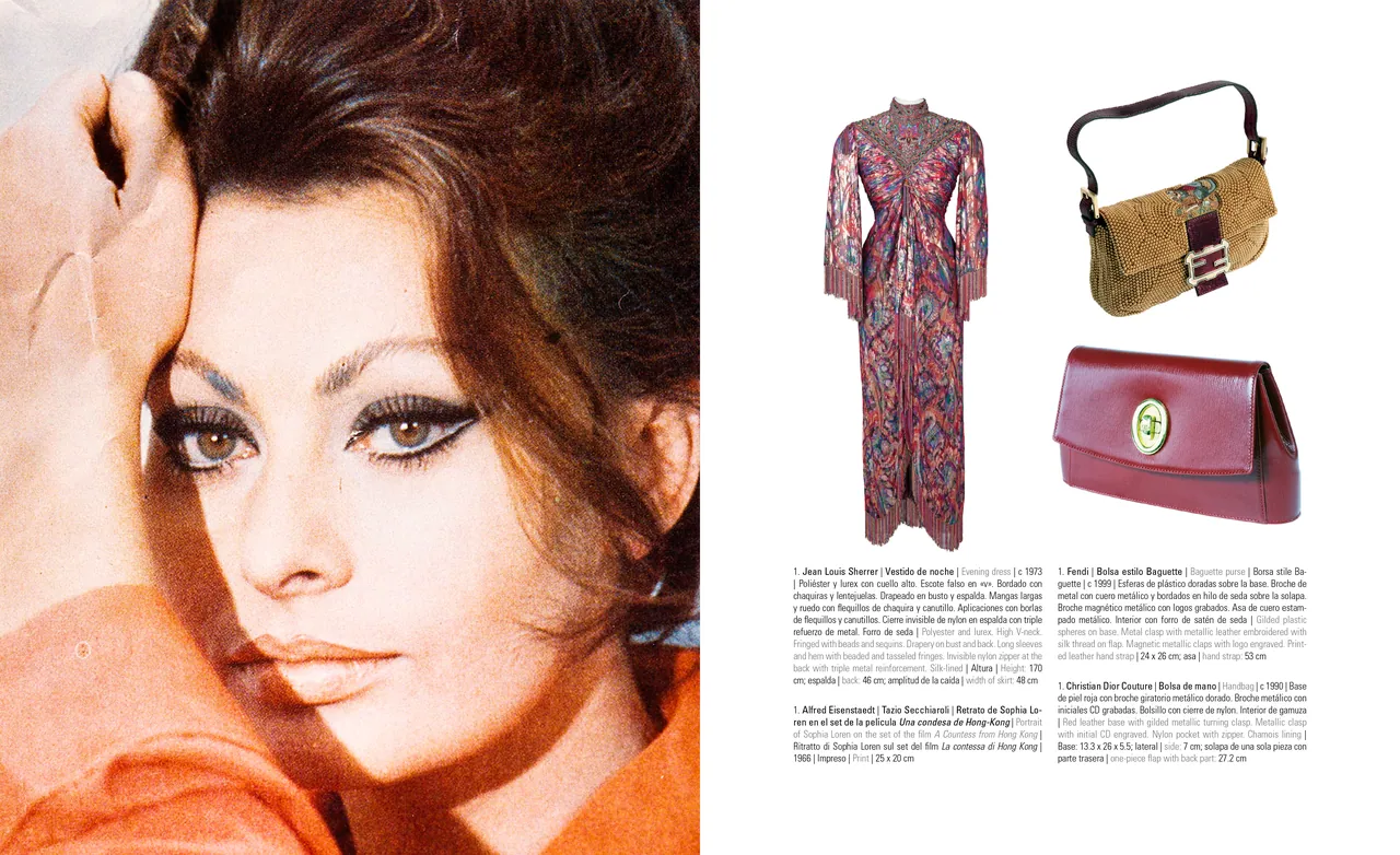 Catalog spread with a large color portrait, a patterned dress and handbags
