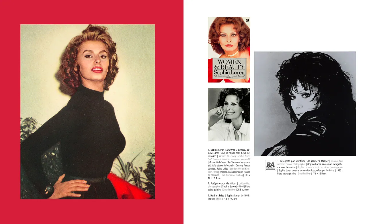 Catalog spread with portraits, magazine covers and an evening gown