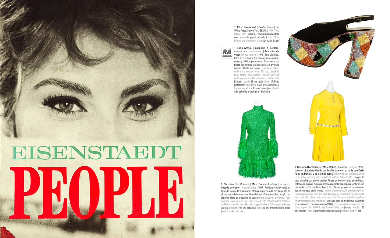Catalog spread with a People magazine cover, couture pieces and portraits