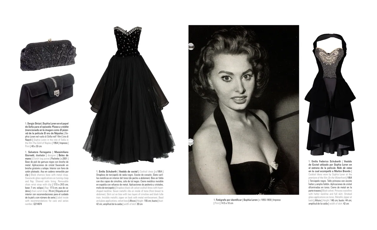Catalog spread with a black evening gown, a black-and-white portrait and clutch bags