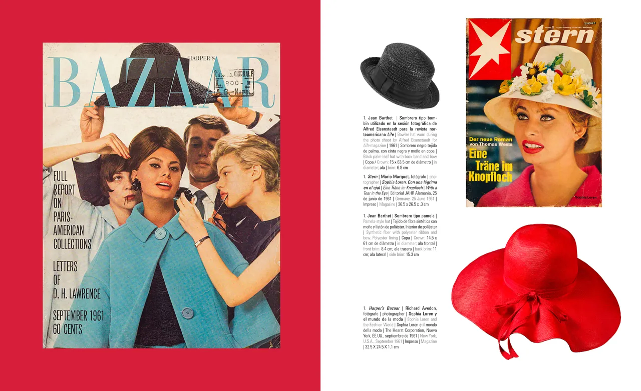Catalog spread with a Harper's Bazaar cover, a Stern magazine cover and a red sun hat