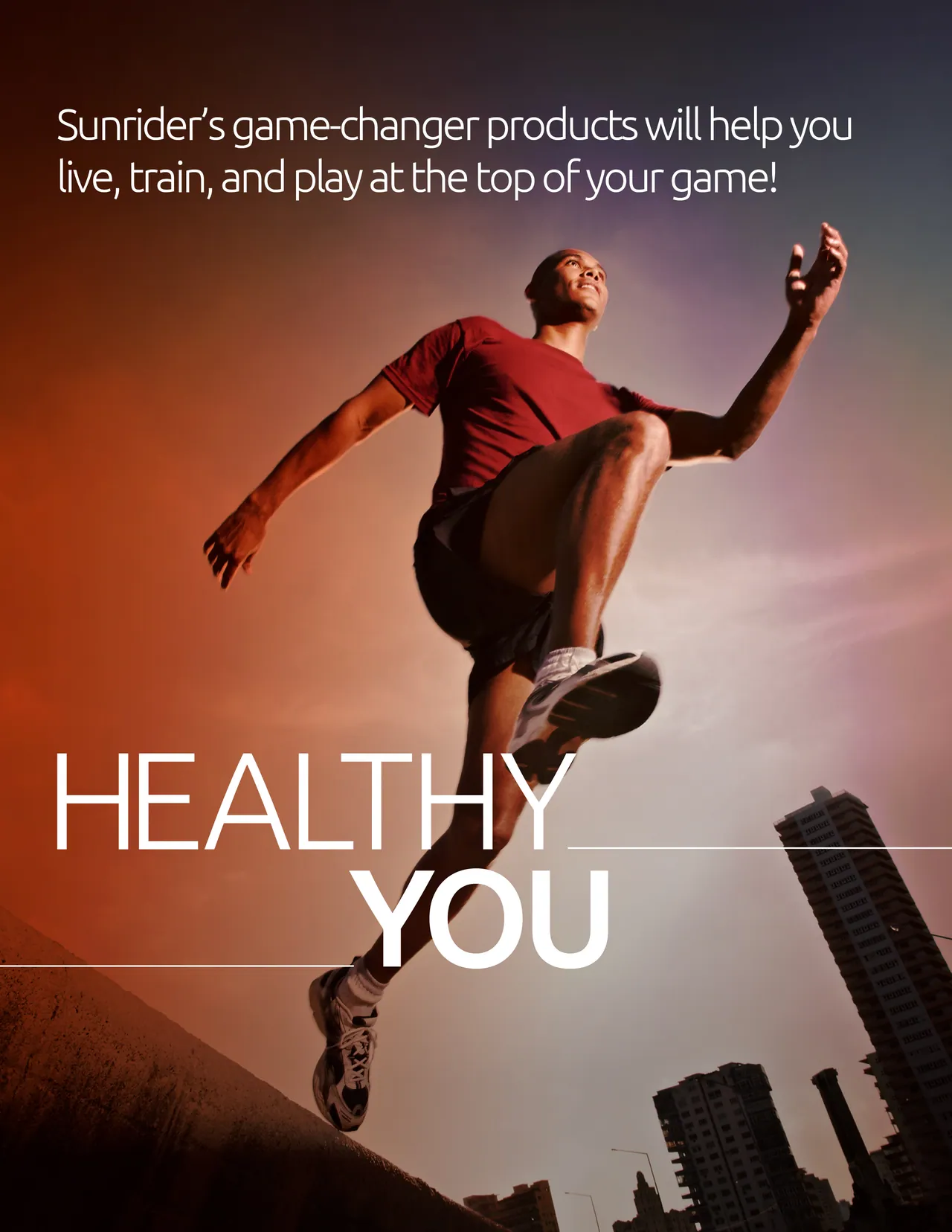 English catalog page with a runner against a city skyline and the line Healthy You