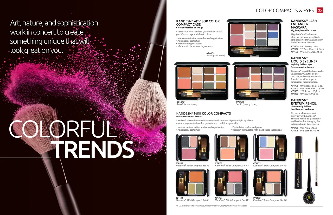 English catalog spread, Colorful Trends, with a makeup brush and color palettes