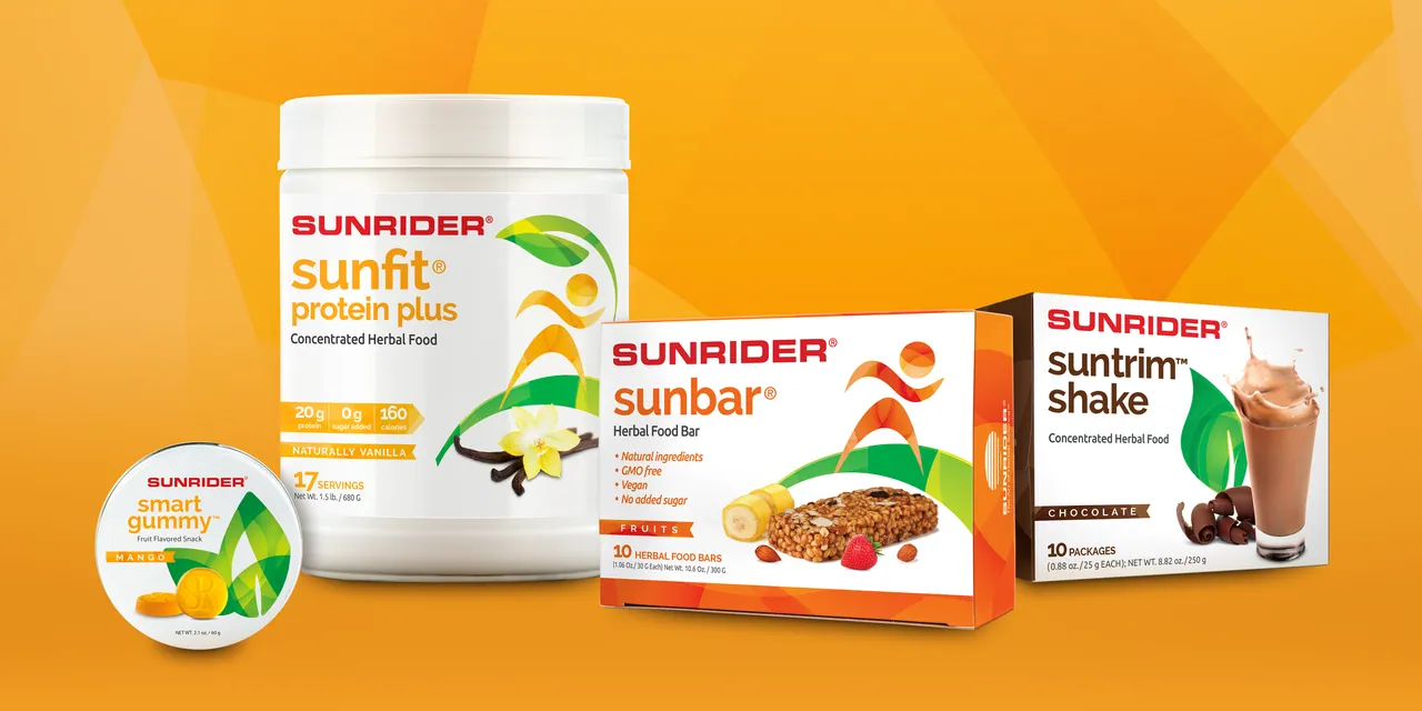 Smart Gummy, SunFit Protein Plus, SunBar and SunTrim Shake packaging standing together on an orange field