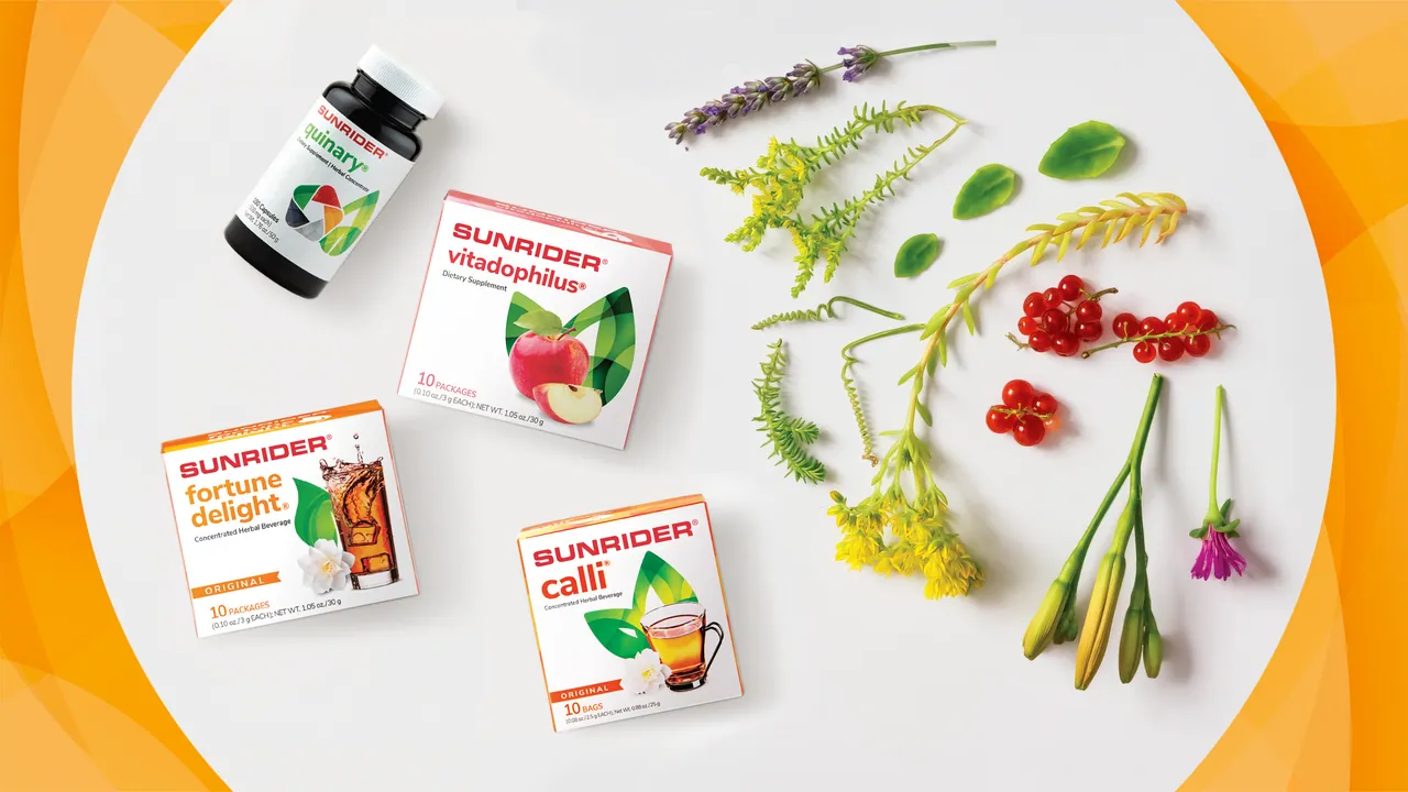 Sunrider products on a white circle over an orange field with herbs, berries and flowers