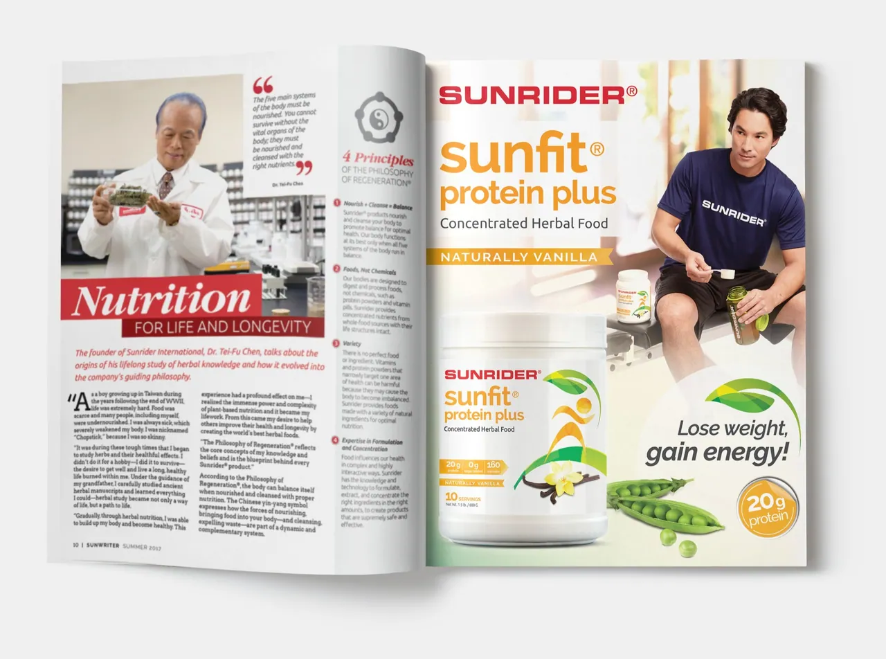 Open magazine spread with an article on one page and a SunFit Protein Plus advertisement on the other