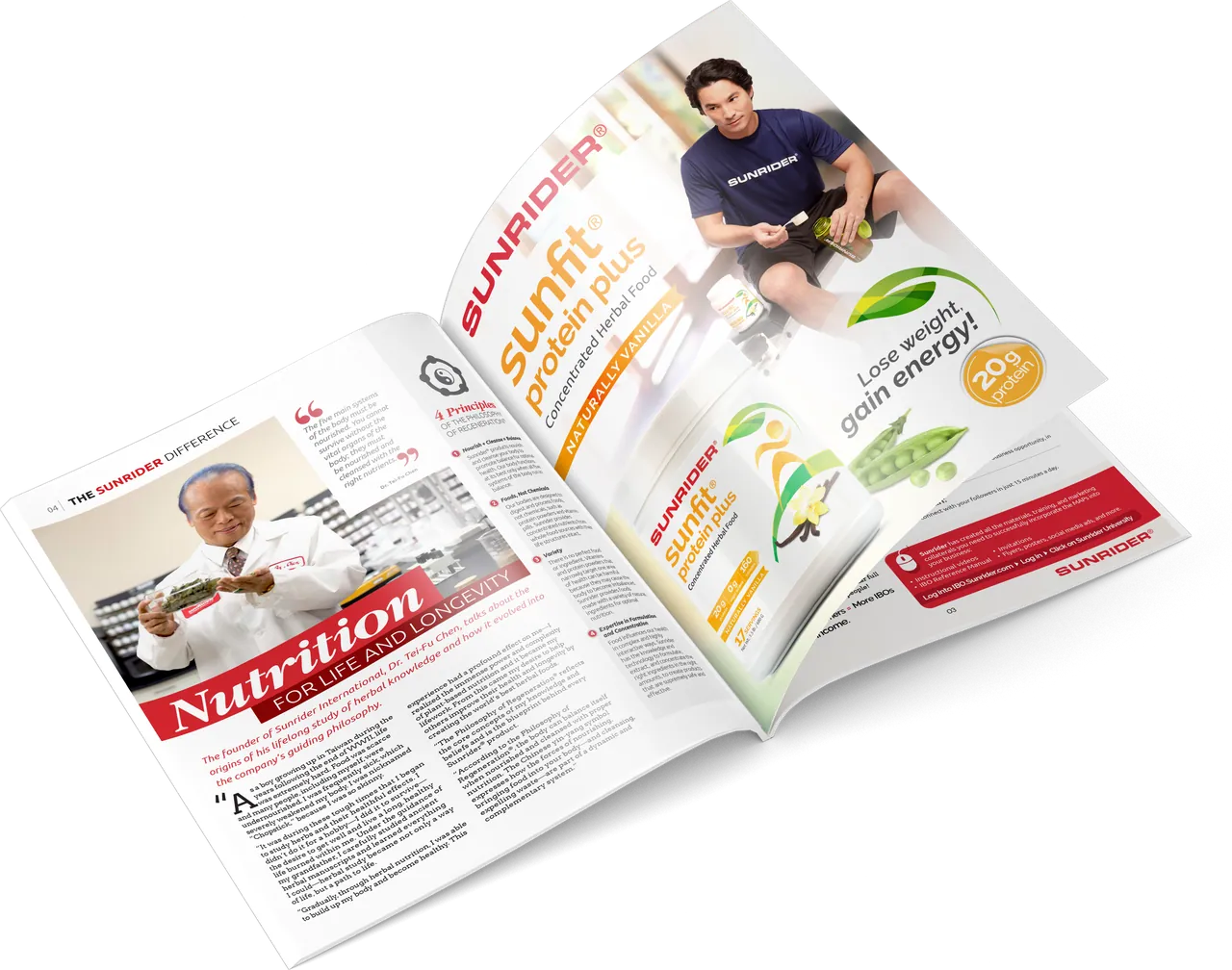 Open magazine spread tilted in the air, with an article on one page and the SunFit Protein Plus advertisement on the other