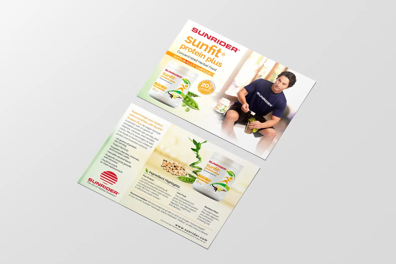 SunFit Protein Plus product card, front and back, at an angle