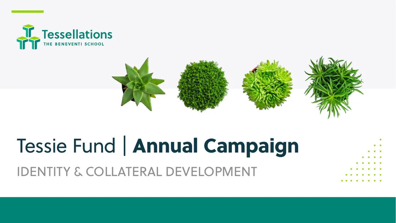 Opening page of the Annual Fund identity document: Tessie Fund, Annual Campaign, Identity and Collateral Development, above four plant photographs