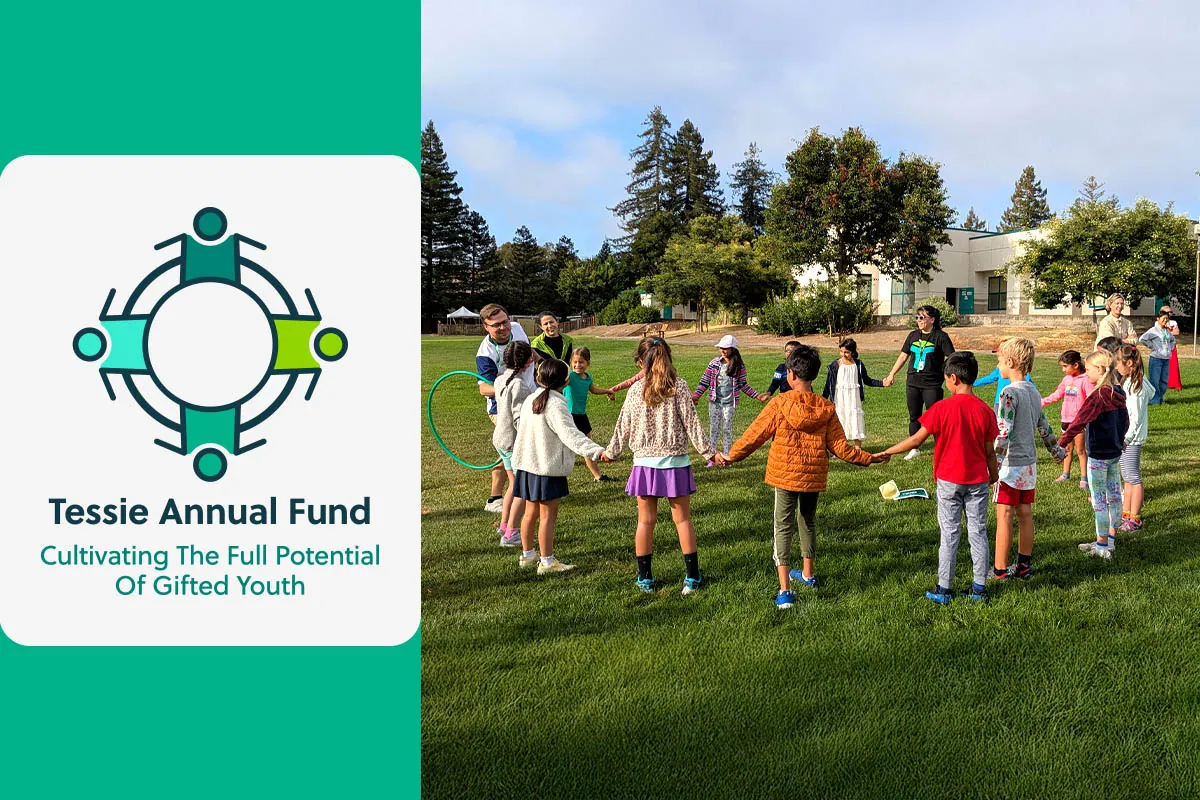 Annual Fund social tile: the Tessie Annual Fund logo on teal beside a photograph of students and teachers holding hands in a circle on the lawn