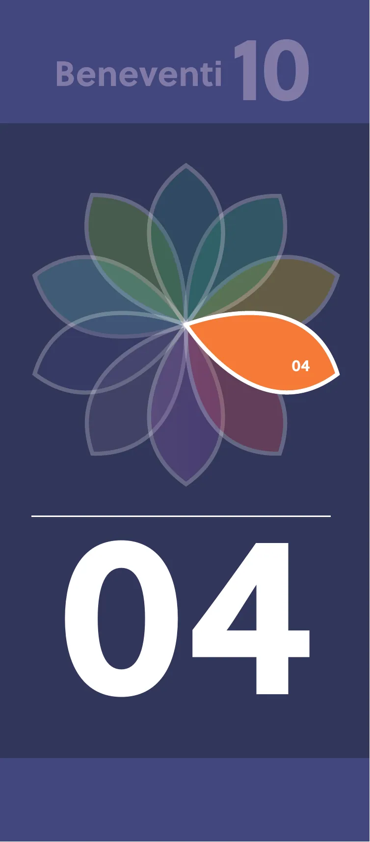 Beneventi 10 banner 04: orange petal highlighted on a navy ten-petal flower, for the principle Promote Intellectual Play & Love of Learning