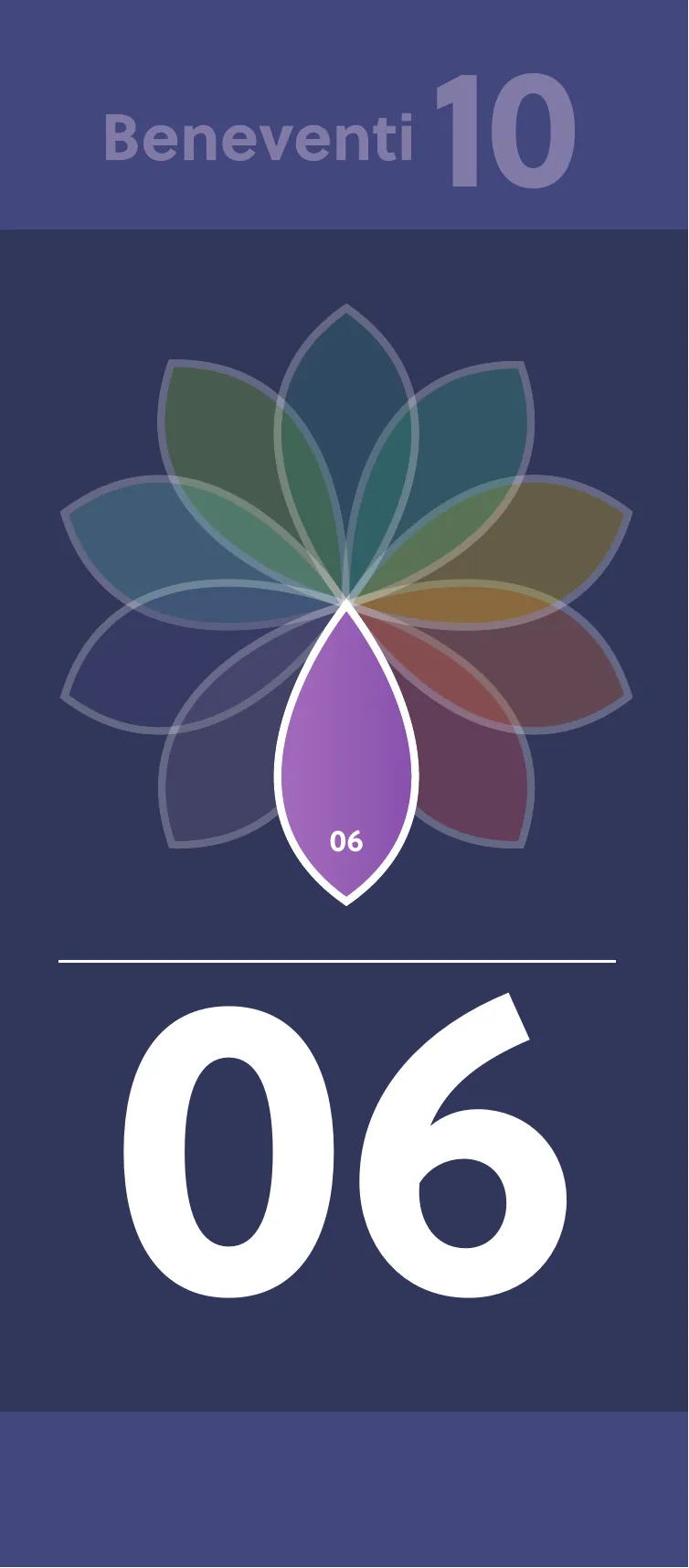 Beneventi 10 banner 06: purple petal highlighted on a navy ten-petal flower, for the principle Facilitate Depth & Complexity