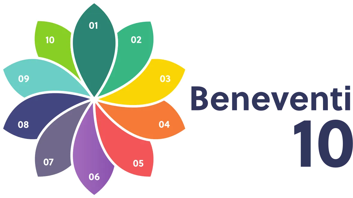 The Beneventi 10 lockup: a ten-petal flower in ten colors beside the wordmark Beneventi 10