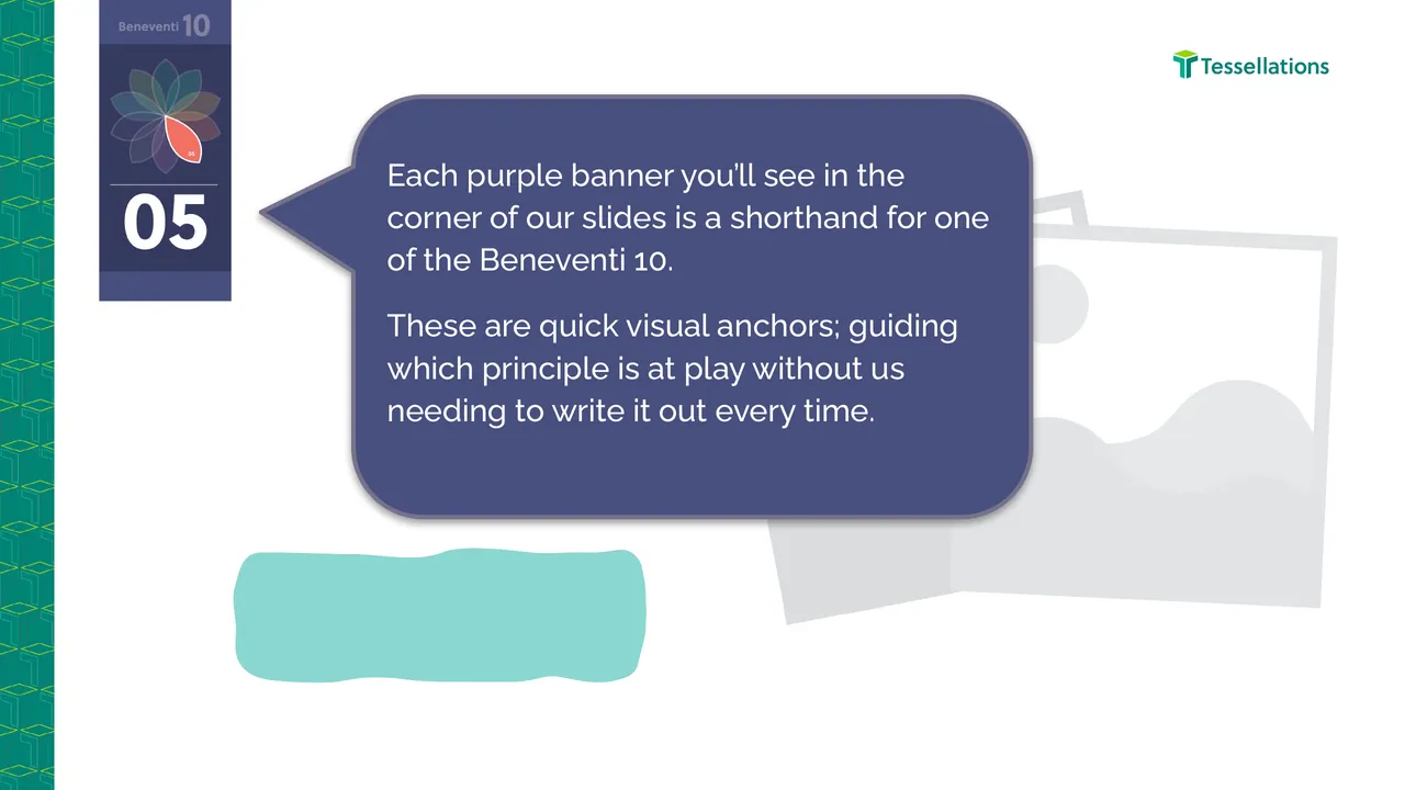 Example slide with banner 05 beside a speech bubble explaining that the banner is a shorthand for one principle