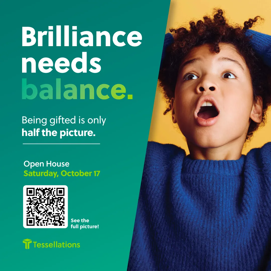 Open House feed post: Brilliance needs balance with a surprised boy on a yellow ground, Saturday, October 17, with a QR code