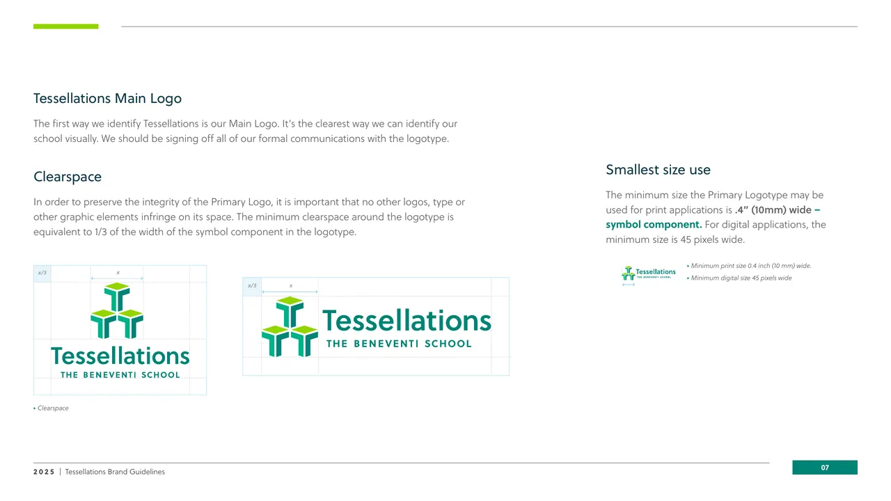 Main logo page with clearspace diagrams and minimum size