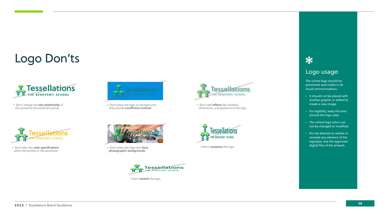 Six examples of incorrect logo use, beside a teal usage column