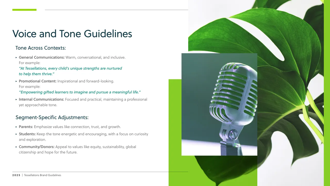 Tone across contexts and segment-specific adjustments, beside a vintage microphone and a leaf