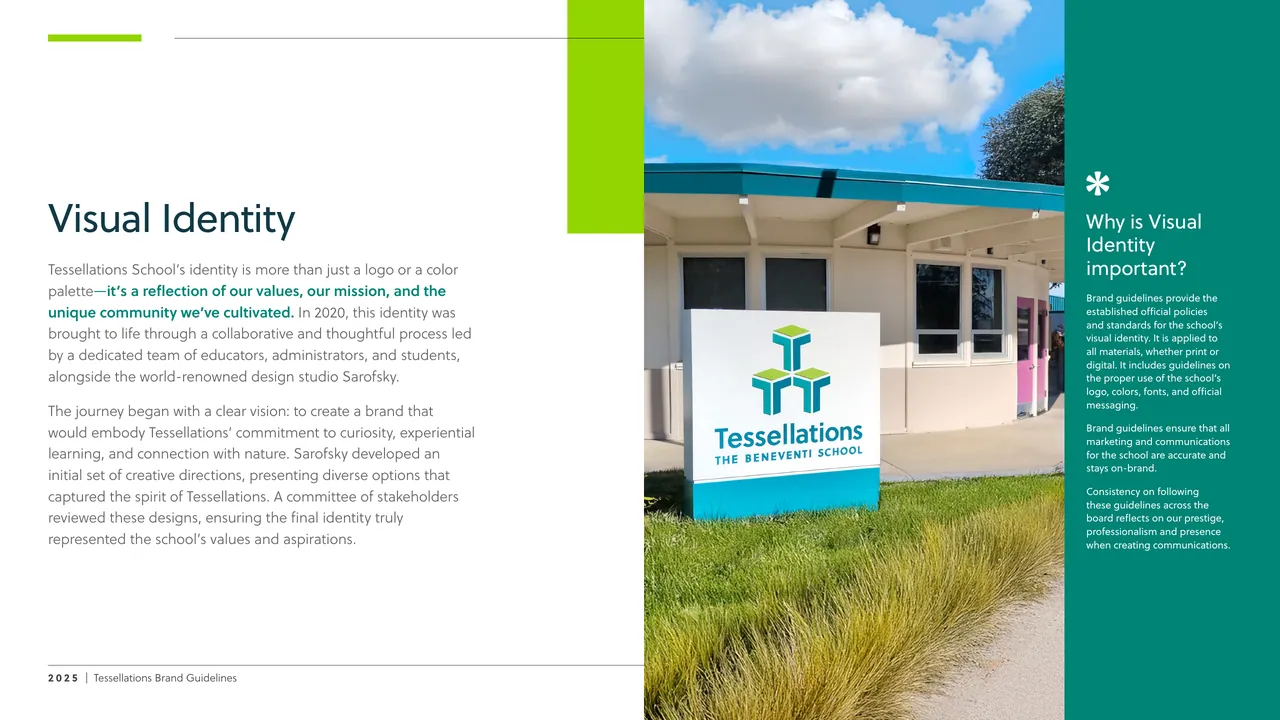 Brand guidelines page: Visual Identity, with the school entrance and its sign