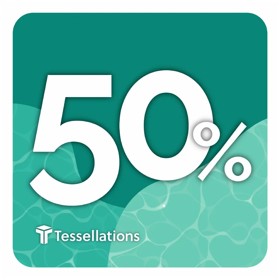 Milestone sign: 50% family participation, white numerals on teal with water ripples