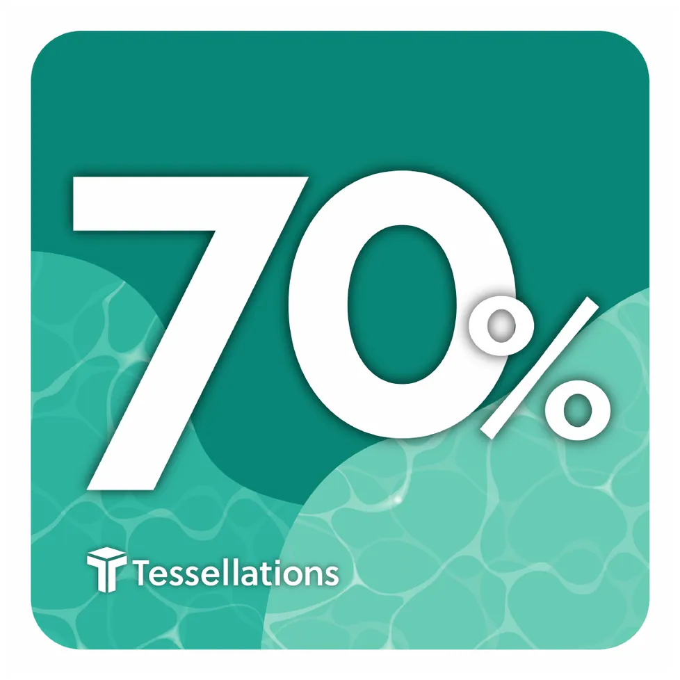 Milestone sign: 70% family participation, white numerals on teal with water ripples