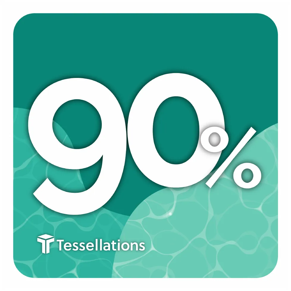 Milestone sign: 90% family participation, white numerals on teal with water ripples