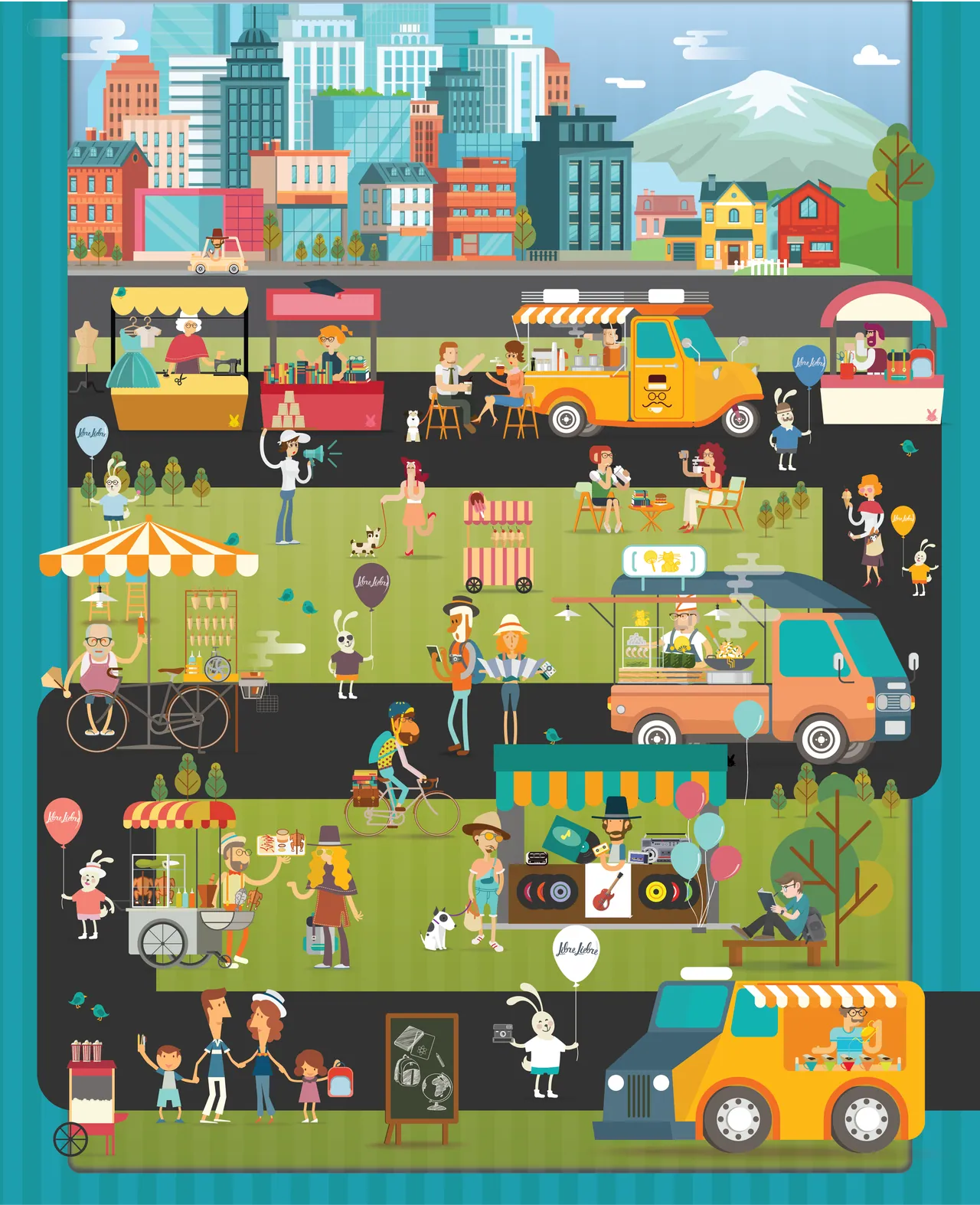 The full Libre Liebre illustration: a park with food trucks, bicycles, a music stand, picnickers and rabbits, in teal, green and orange