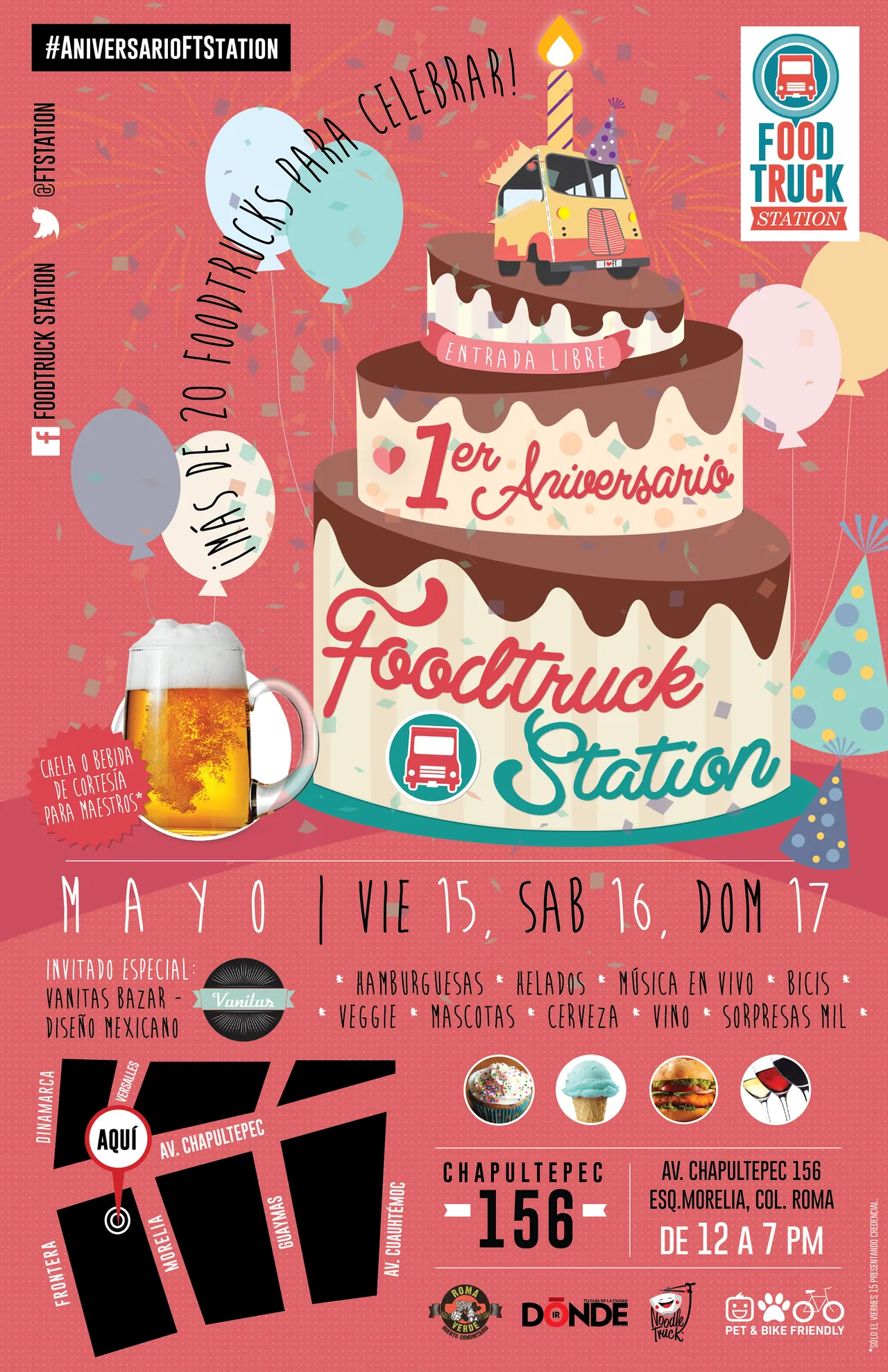 First anniversary poster: a large birthday cake under a banner, with the event dates