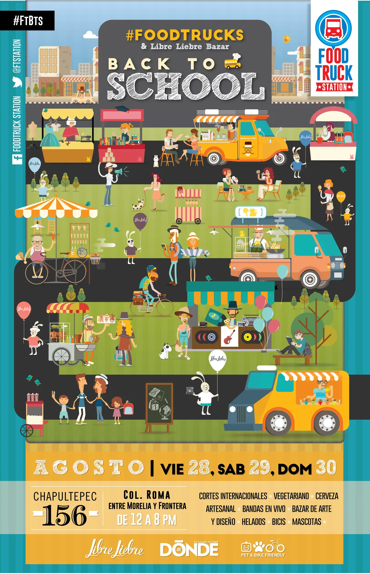 Libre Liebre Bazar poster: the illustrated park above the Back to School title, the dates 28, 29 and 30 August and the address in Colonia Roma