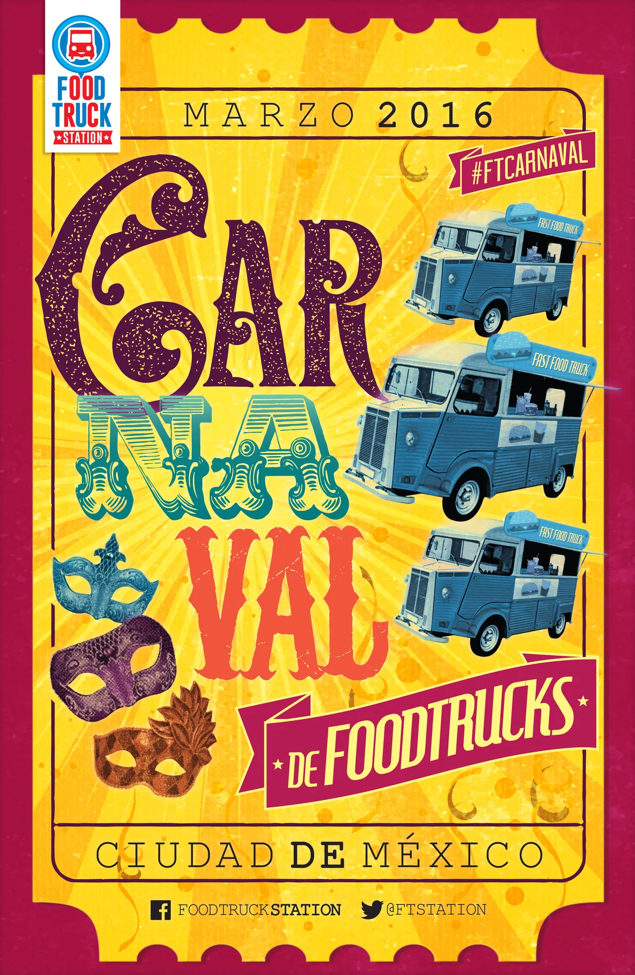 Carnaval de Foodtrucks poster, March 2016, in gold and magenta with masked lettering