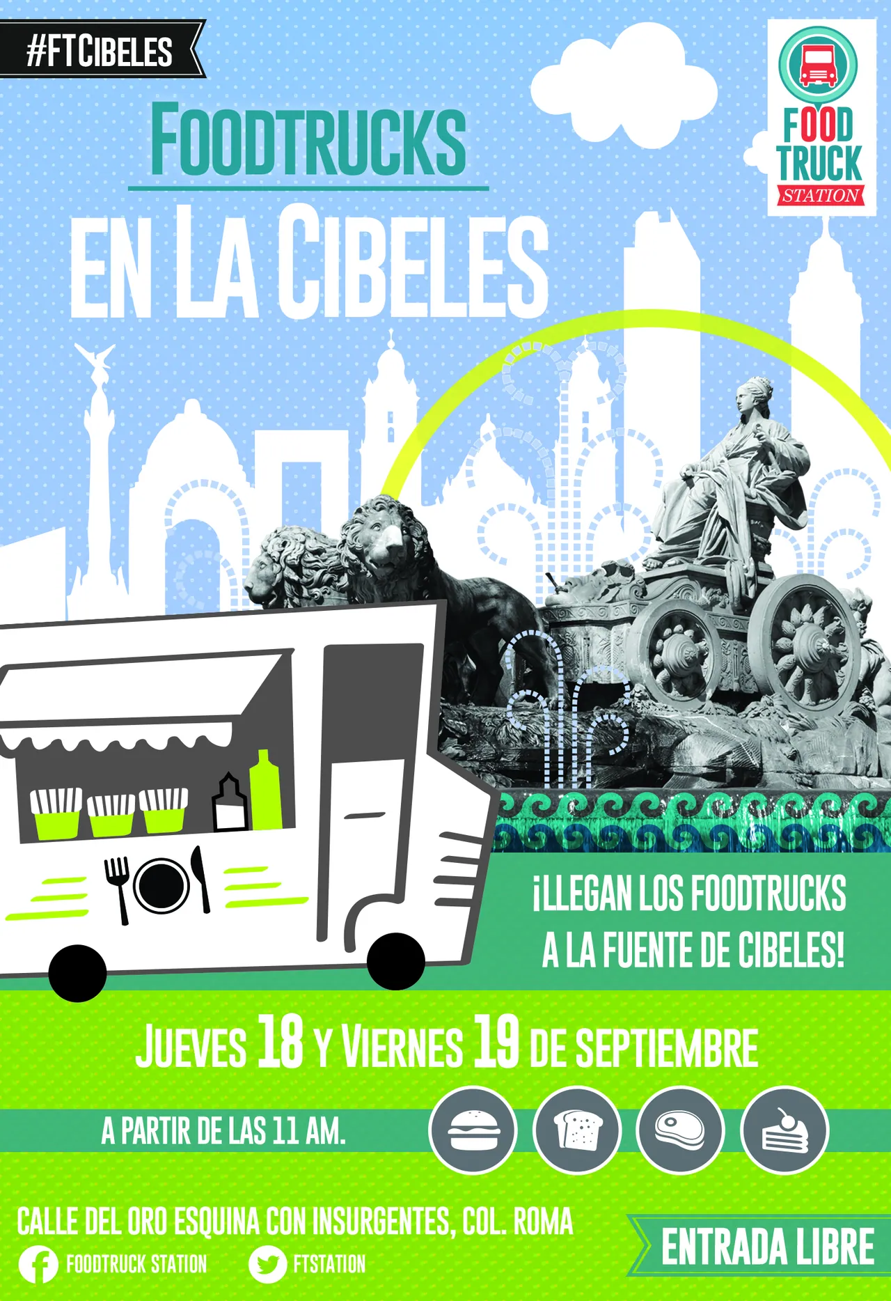 Foodtrucks at the Cibeles poster, with a truck in front of the fountain skyline