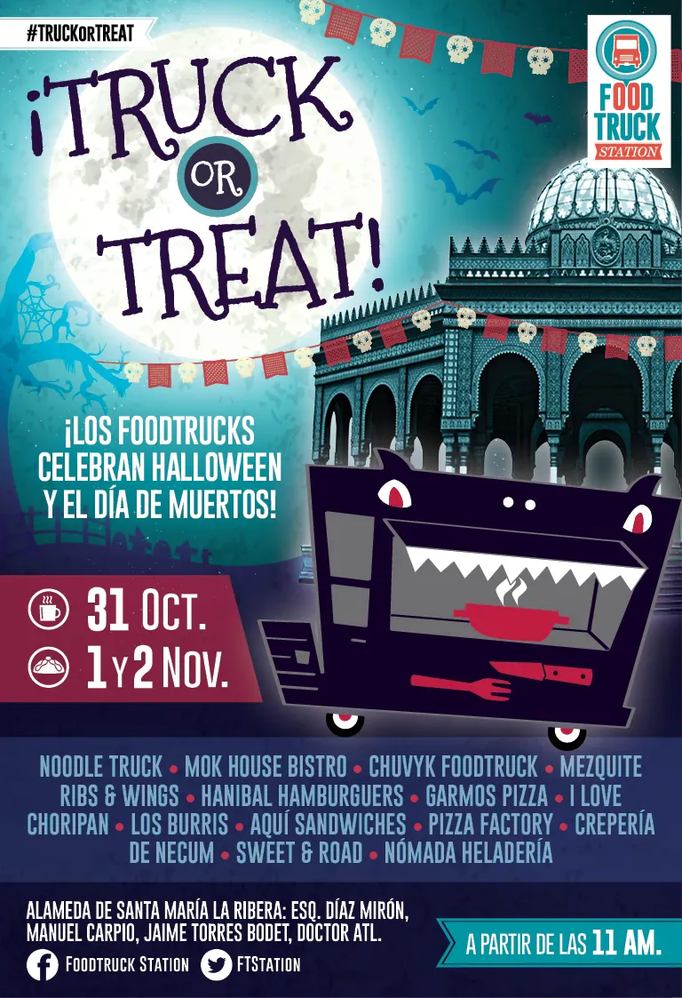 Truck or Treat Halloween poster: a truck with a monster mouth under a full moon
