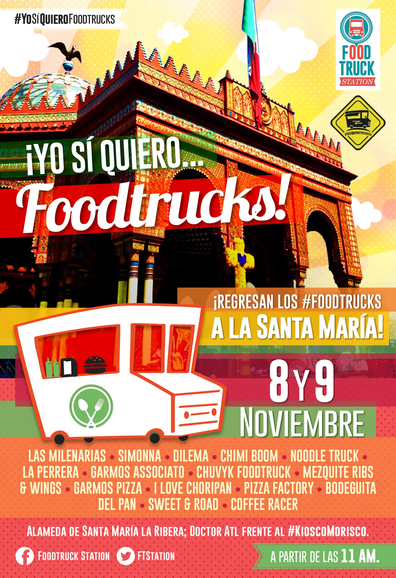 Foodtrucks return to Santa María poster, with a kiosk and the dates 8 and 9 November