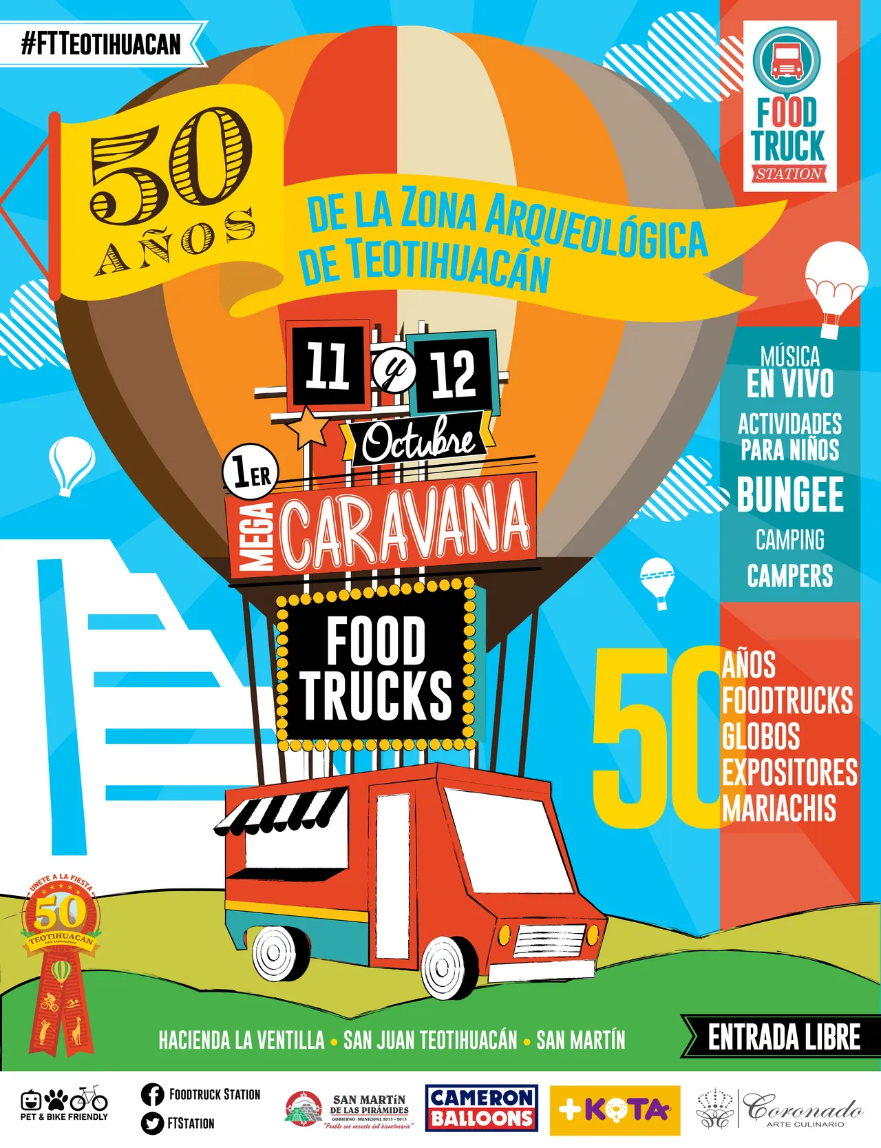 Mega Caravana poster: a hot-air balloon over Teotihuacan and the dates 11 and 12 October