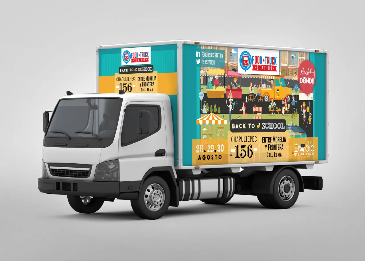 A white box truck wrapped in the Libre Liebre illustration, seen from the front left