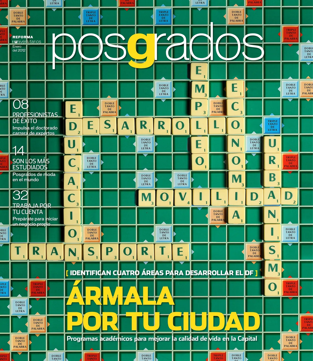 Posgrados cover ‘Ármala por tu ciudad’: a word-tile game board spelling city topics