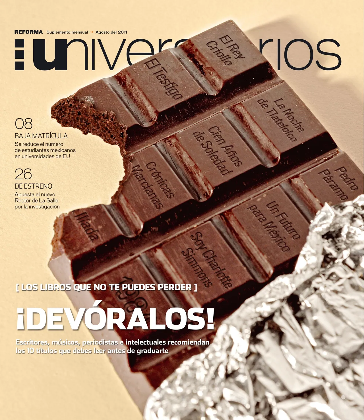 Universitarios cover ‘¡Devóralos!’: a bitten chocolate bar in foil, with book titles printed on its squares