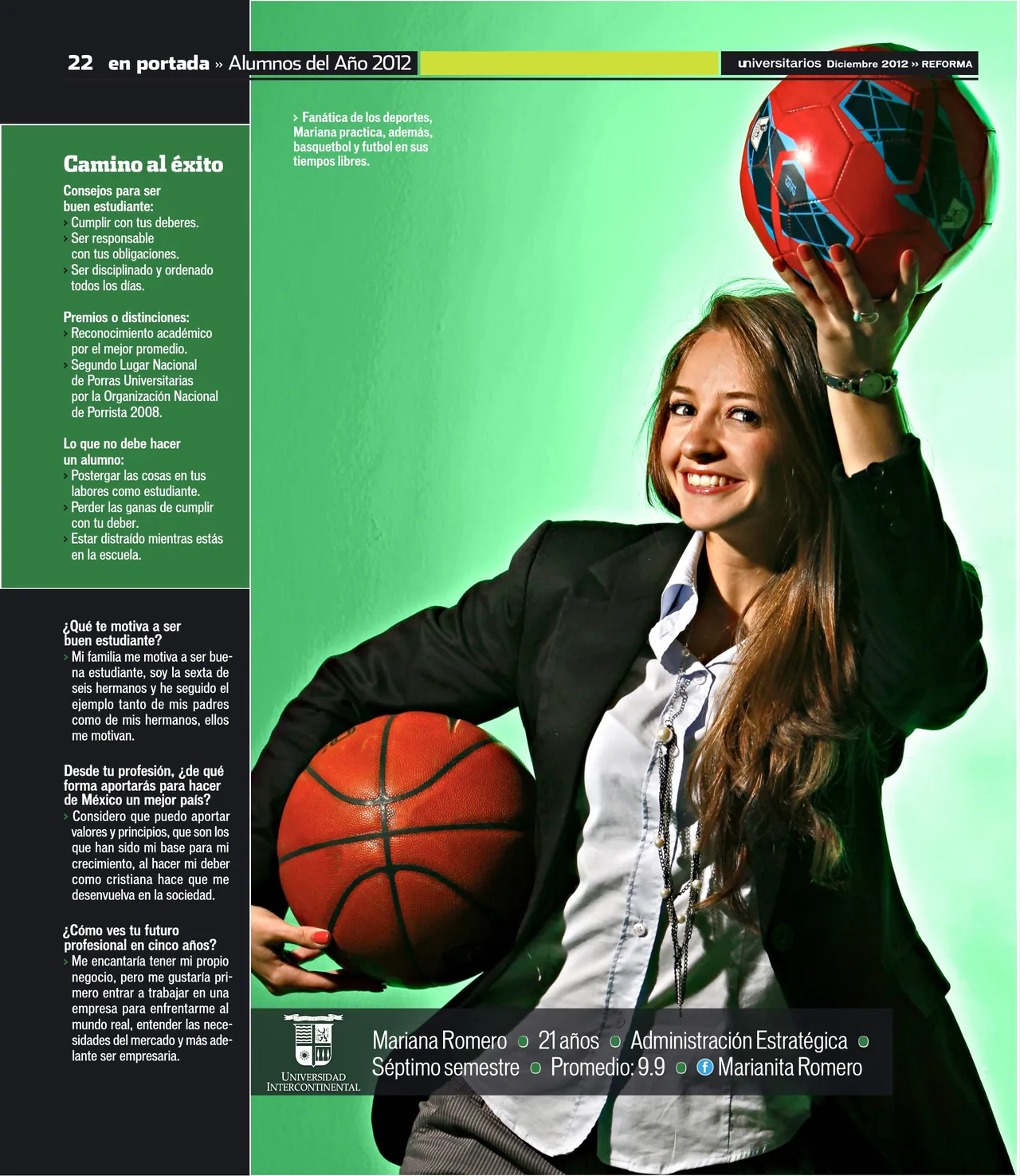 Alumnos del año page with a student holding a basketball, on a green background