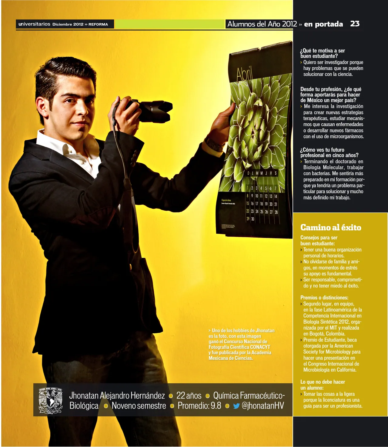 Alumnos del año page with a student holding a camera and a leaf-pattern print, on a yellow background