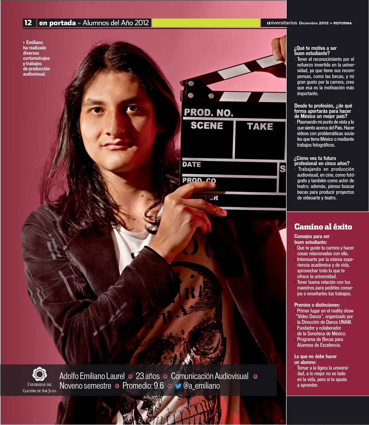 Alumnos del año page with a student holding a film clapperboard, on a magenta background