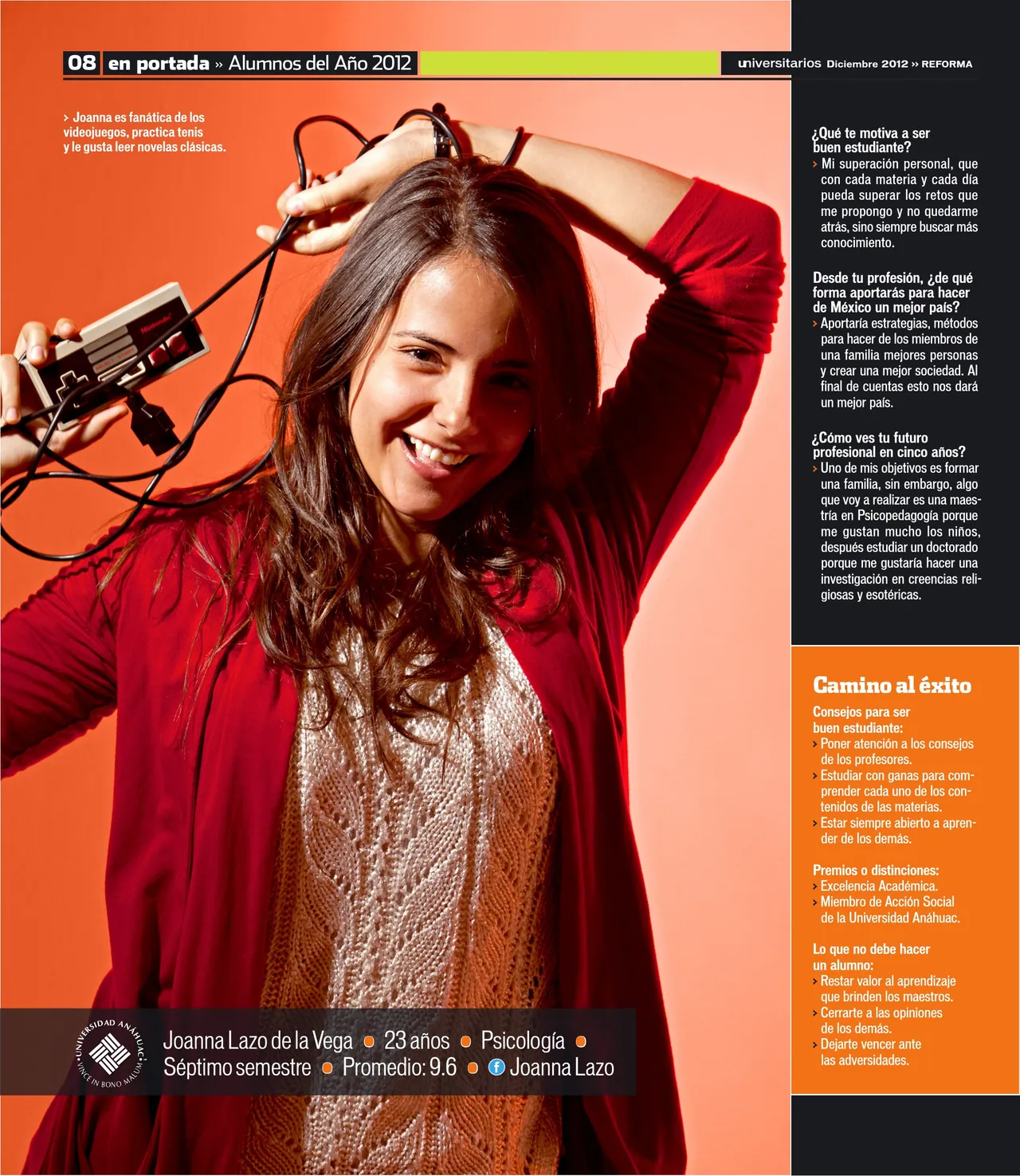 Alumnos del año page with a smiling student in a red cardigan holding headphones, on an orange background beside a dark text column