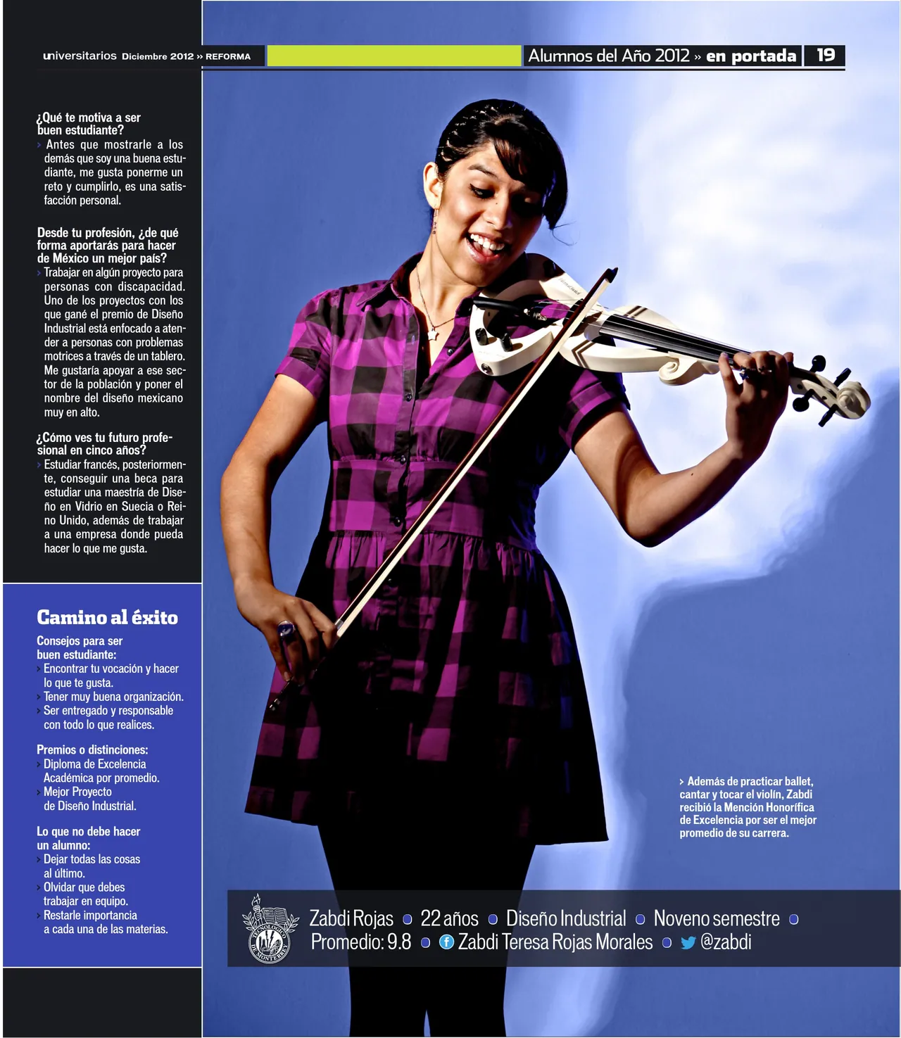 Alumnos del año page with a student playing an electric violin, on a blue background