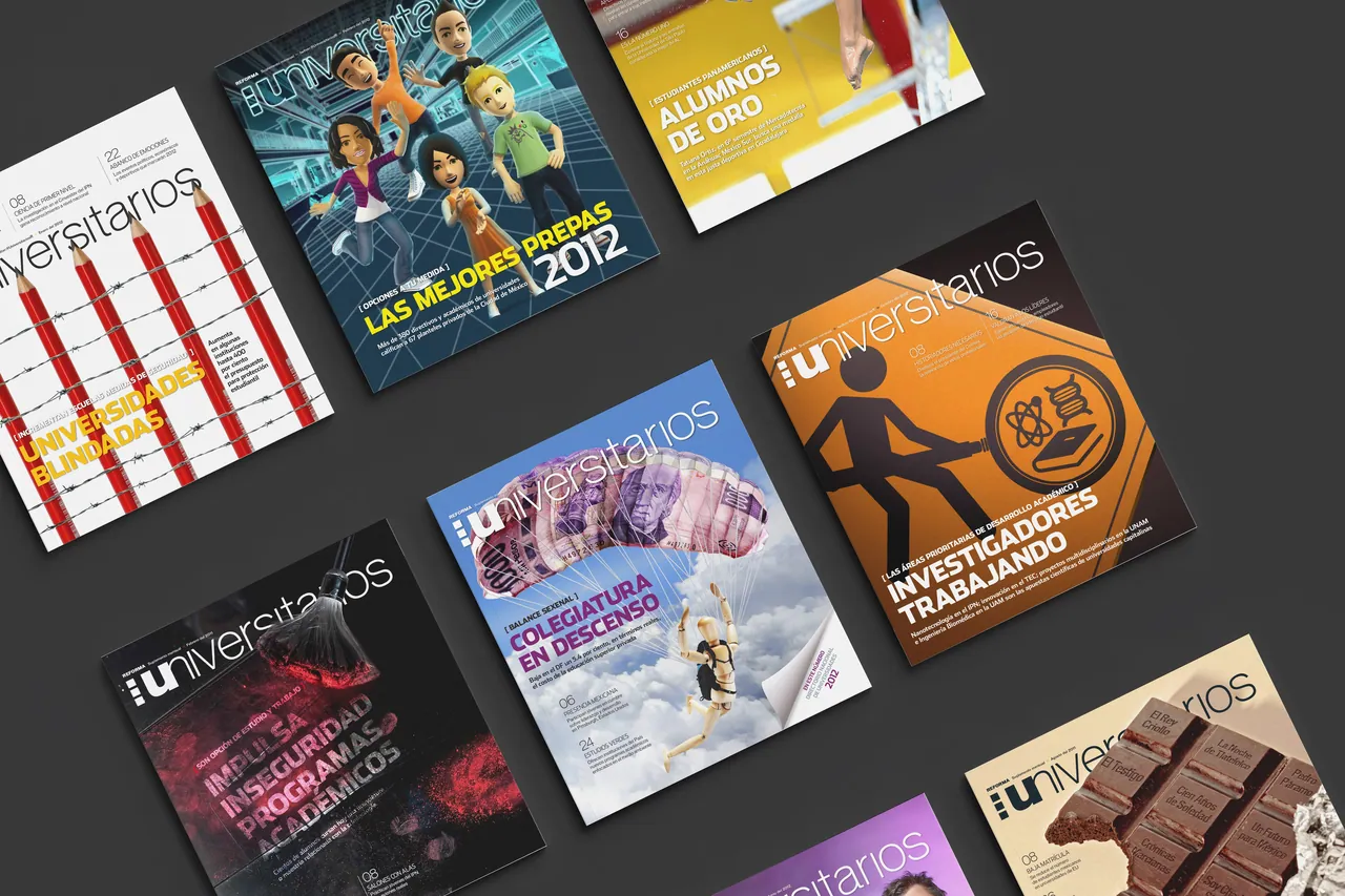 A scatter of Universitarios magazine covers on a charcoal surface