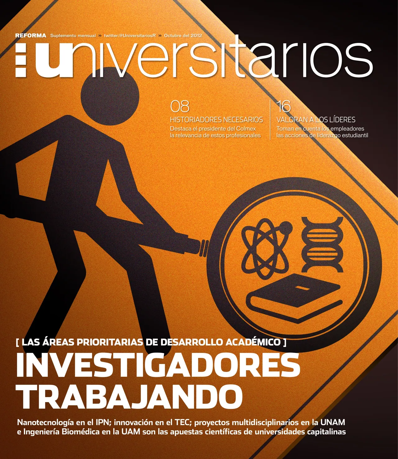 Universitarios cover ‘Investigadores trabajando’: a road-work sign with a researcher pulling a magnifier