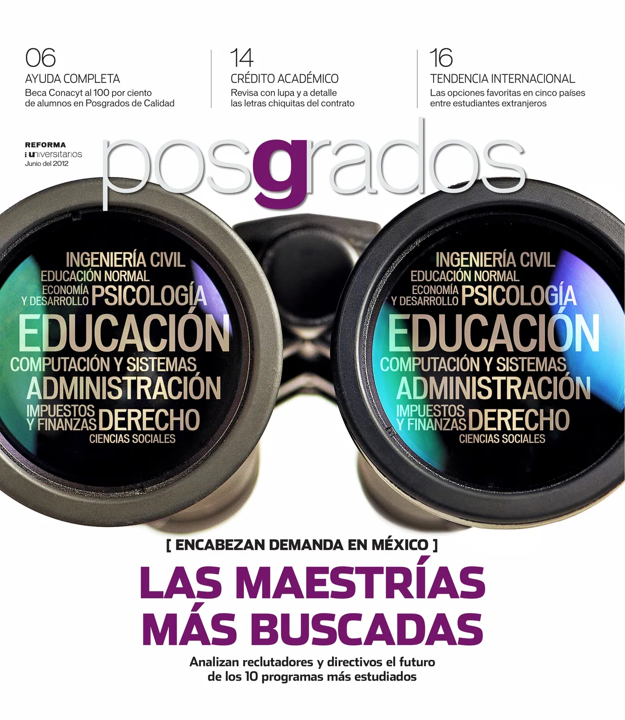 Posgrados cover ‘Las maestrías más buscadas’: binoculars whose lenses list degree programs