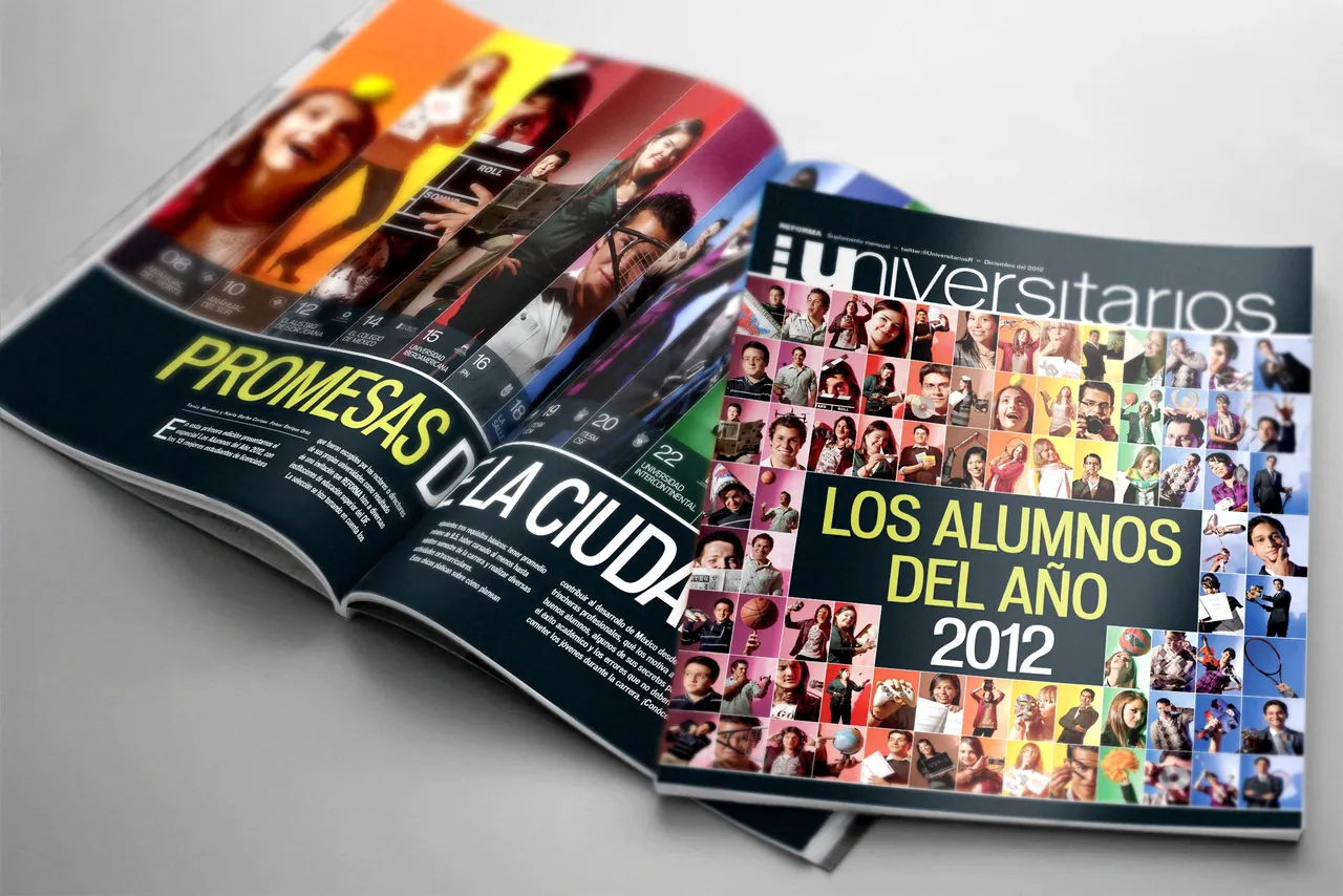 Mockup of the Universitarios central pages, ‘Promesas de la ciudad’ and the Alumnos del año cover, on a gray surface