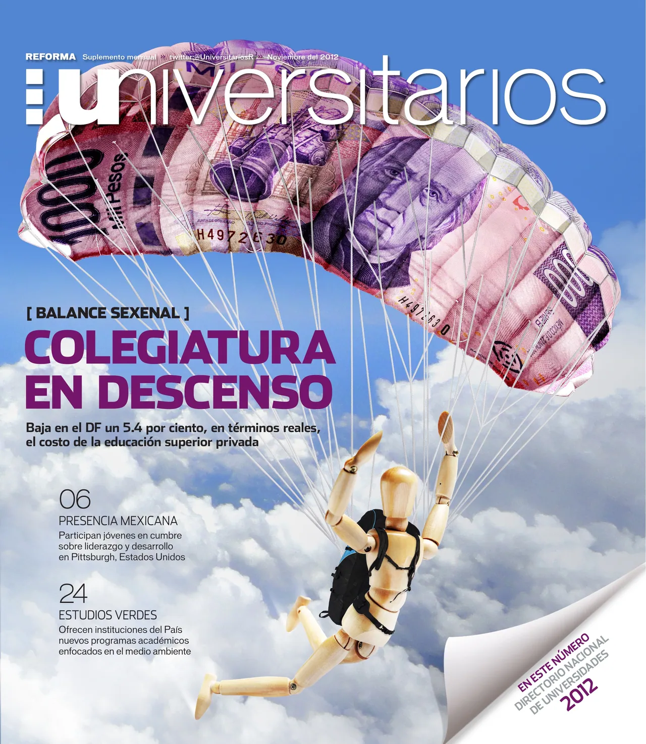 Universitarios cover ‘Colegiatura en descenso’: a wooden mannequin parachuting beneath a canopy made of peso bills