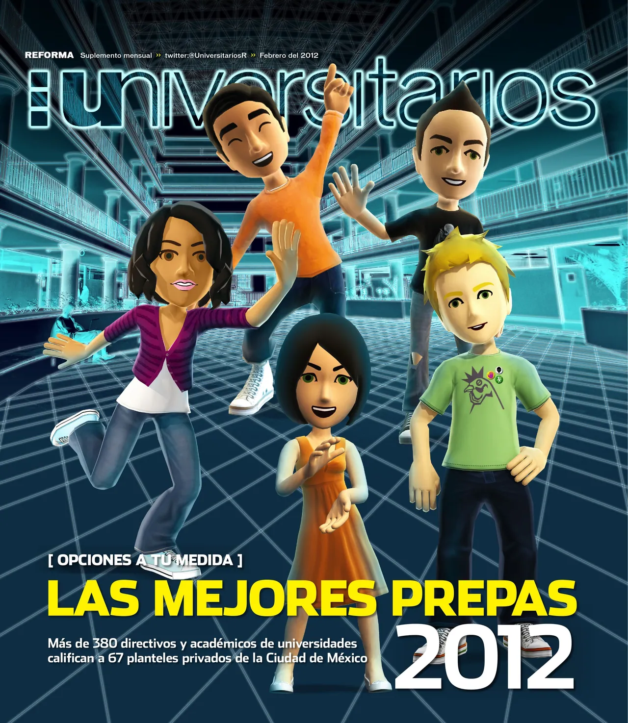 Universitarios cover ‘Las mejores prepas 2012’: cartoon avatars jumping in a blue grid world