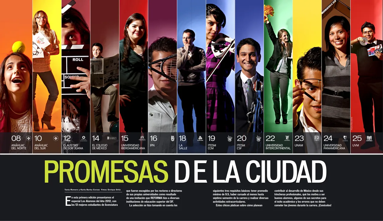 Opening spread ‘Promesas de la ciudad’: a row of student portraits in saturated colors above lime-green type